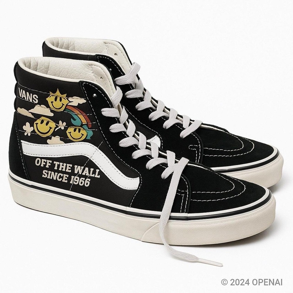 Vans Sk8-Hi Since 1966 Sunshine Smiley Rainbow Black High Top Shoes Mens 6.5